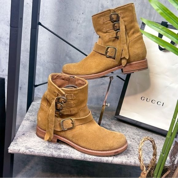 FRYE | Veronica Buckle Strap Suede Short Ankle Biker Moto Boots in ‘Brandy’ - Picture 5 of 13